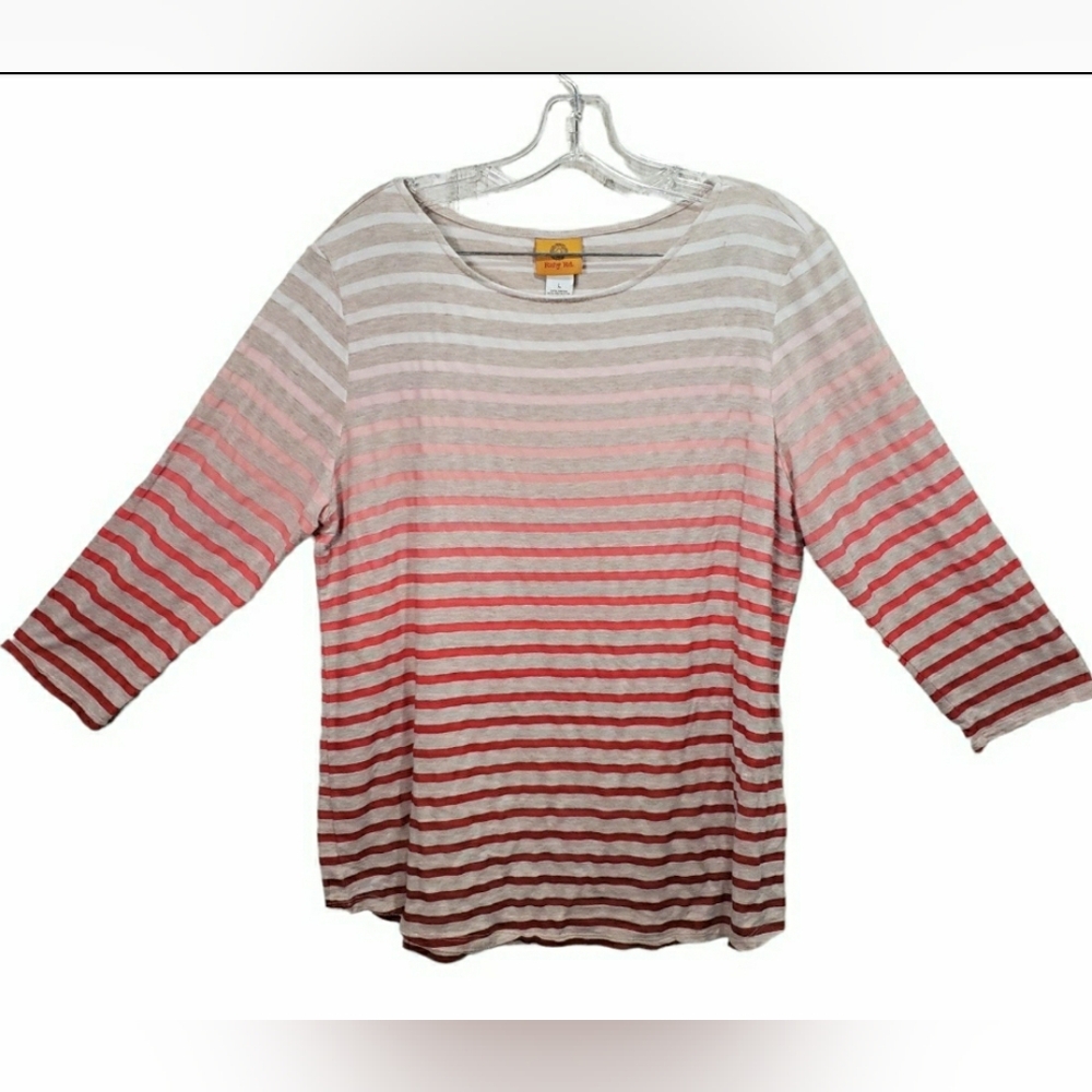 RUBY RD Pink Ombre Striped 3/4 Sleeve Top | Large